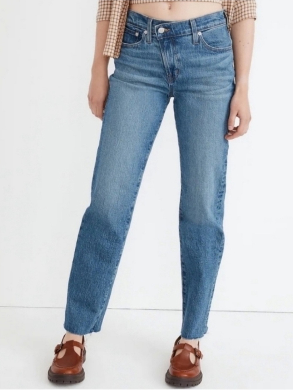 Madewell Jeans The Mid Rise Perfect Vintage Crossover Zipper Raw Hem Blue 27